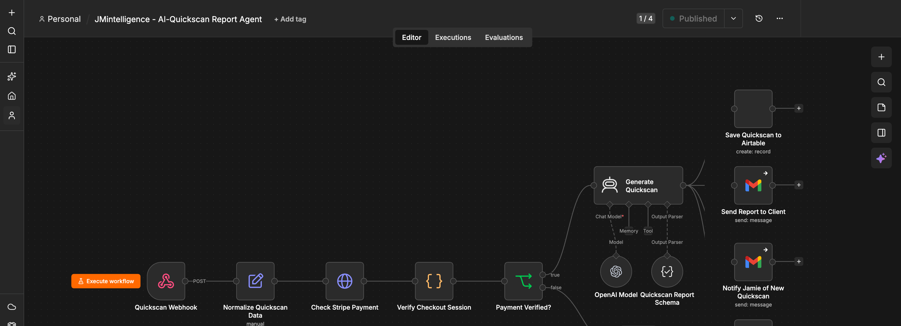 Schermafbeelding van een n8n-workflow zoals JMintelligence die bouwt, hier de AI-Quickscan Report Agent